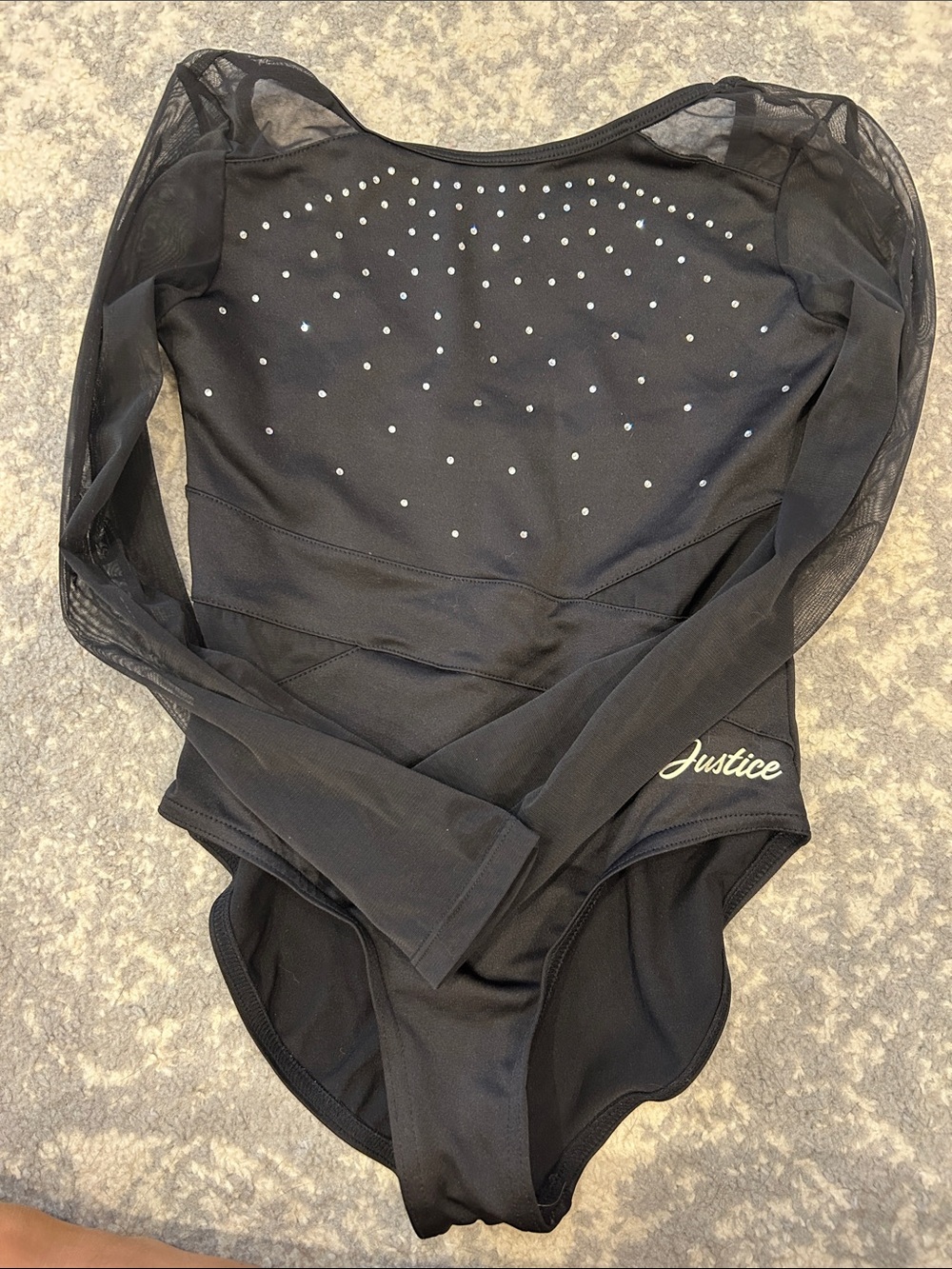 Justice Black Long-Sleeve Mesh Rhinestone One-Piece Bodysuit